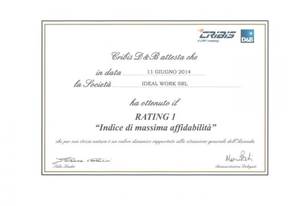Ideal Work è massima affidabilità sul mercato: Cribis D&B ha attribuito all’azienda il Rating 1